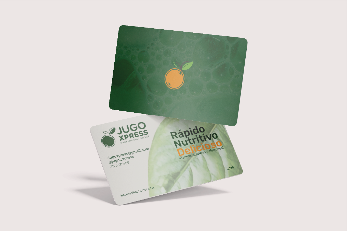 Tarjetas de marca Jugo Xpress diseñadas por DMOPROD